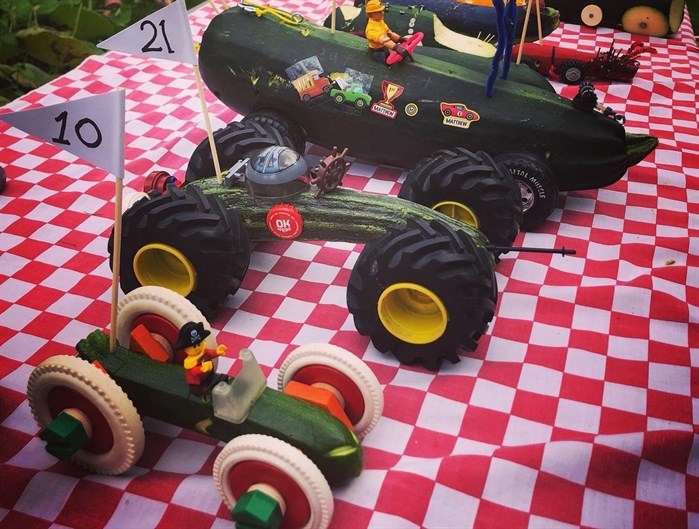 Some zucchini cars ready to race at the Grist Mill Fall Fair in Keremeos in 2022. 