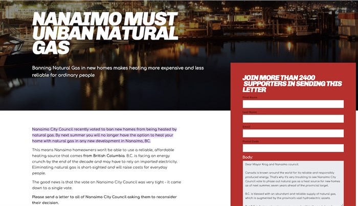 CEC's offshoot website is running a campaign to get Nanaimo City council to reverse its decision to phase out FortisBC natural gas hookups in new buildings to meet provincial climate targets.