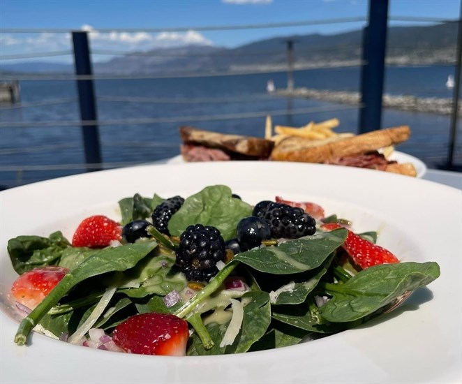 This bright salad is seen on the patio at The Barking Parrot in Penticton, with Okanagan Lake in the background. 