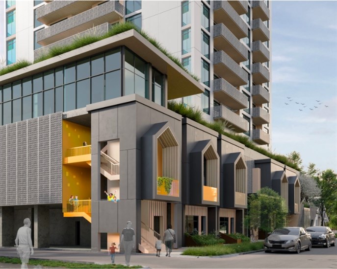 An artist's rendering of a 19-storey modular rental tower proposed for downtown Kelowna.