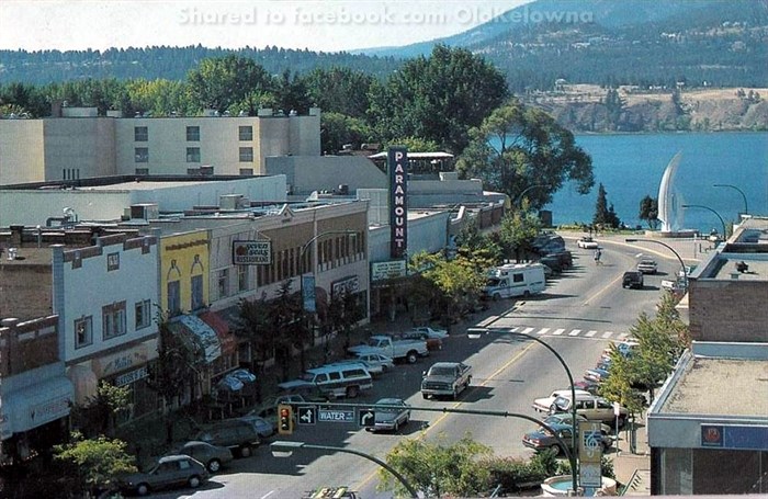 Downtown Kelowna in the early 1990s. Shared by the 'Old Kelowna' Facebook group. 