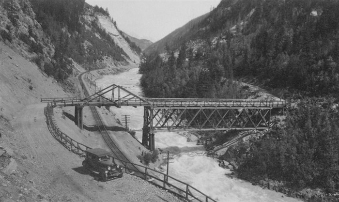 The first major bridge across the Kicking Horse River in the 1930's