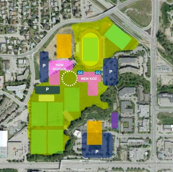 This shows the new layout of the Parkinson Recreation Centre site. The pink area marked New KCC is the location of the new building, originally referred to as Kelowna Community Campus.