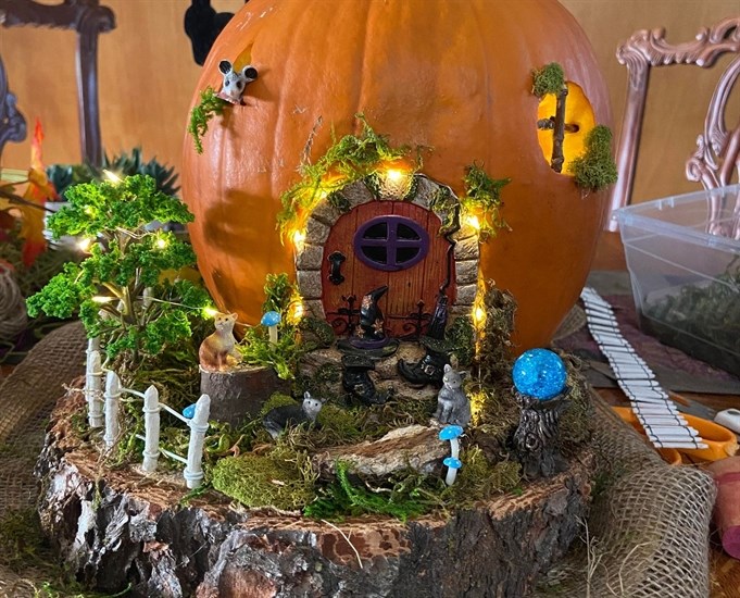 Penticton resident Lavene Noren made a whimsical hobbit house with lights around the door out of her Halloween pumpkin. 