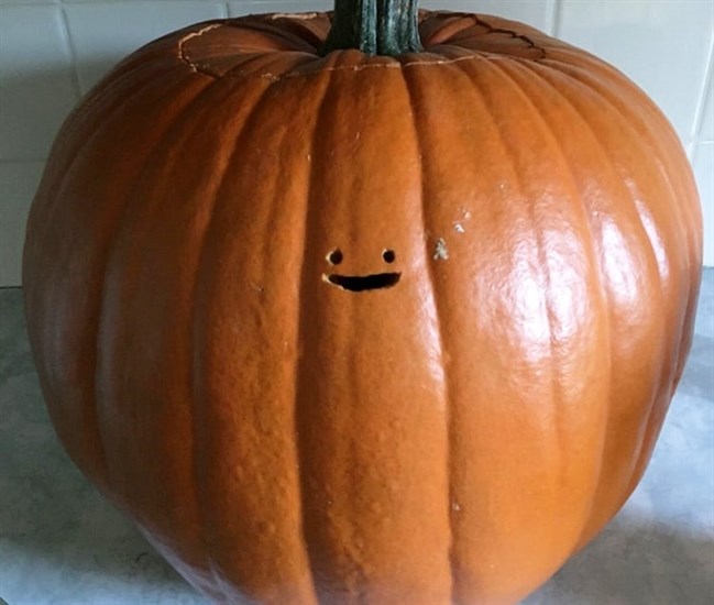 A pumpkin carver in Vernon made a humorous jack-o'-lantern. 