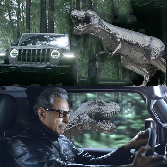 Local car dealership, Parkers Chrysler Dodge Jeep, photoshopped Alice into a 'Jurassic Park' chase scene.  