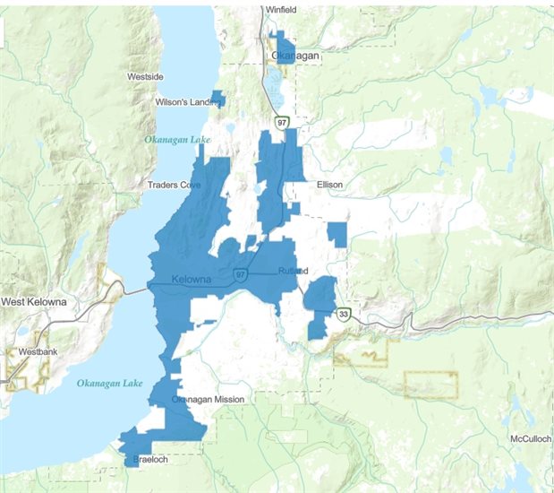 The blue areas show parts of Kelowna where fourplexes will be mandatory in single-family/duplex zones.