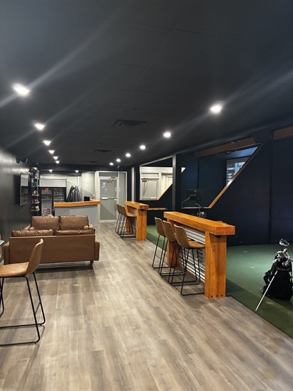 The lounge area of Penticton's new virtual golf course, Okanagan Virtual Golf.