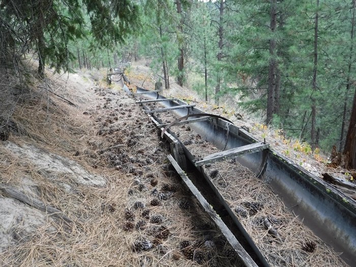The remnants of a metal and wood irrigation flume remain in a forested area of Kamloops. 