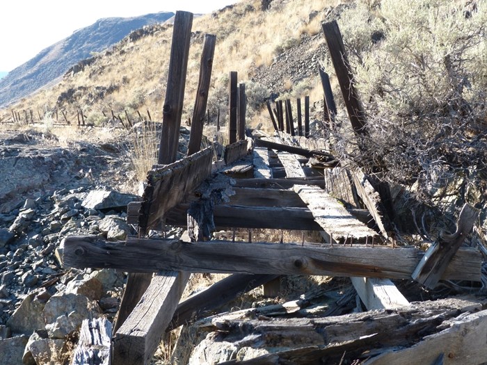 This photo shows the remains of a flume built in the Walhachin community to irrigate orchards over a century ago. 