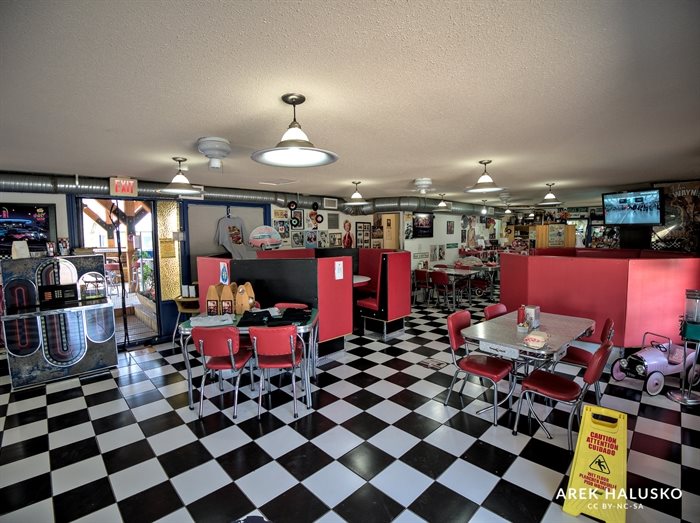 This photo of Route 97 Diner shows 1950s decor, including a juke box. 