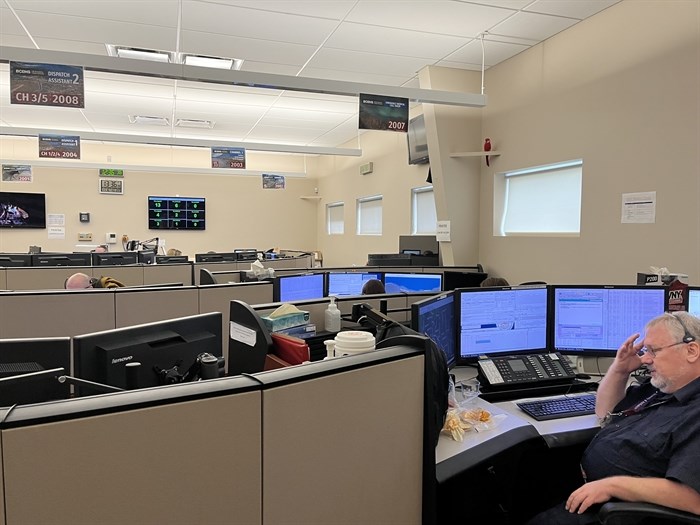 This photo shows Emergency Medical Call Takers working at the Kamloops Dispatch Operations Centre. 