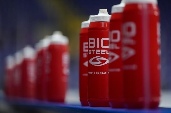 BioSteel water bottles are seen during the opening day of the Vancouver Canucks NHL hockey training camp, in Victoria, Thursday, Sept. 21, 2023. Canopy Growth Corp. says an Ontario court has approved the sale of its BioSteel sports drink business in a pair of deals.