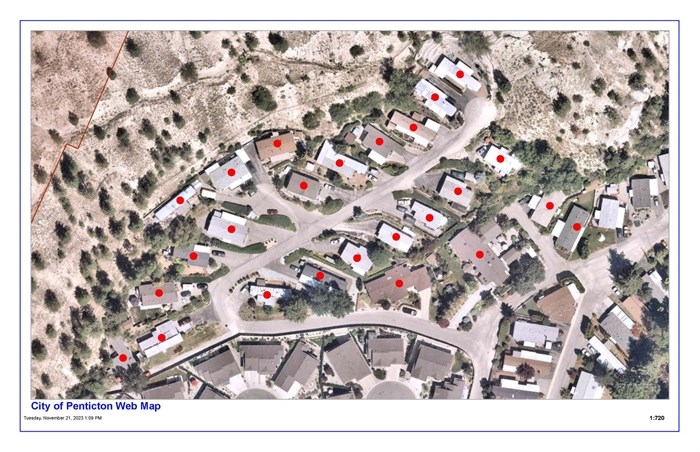 The homes in Penticton's Pleasant Valley Mobile Home Park threatened by a potential rockslide.