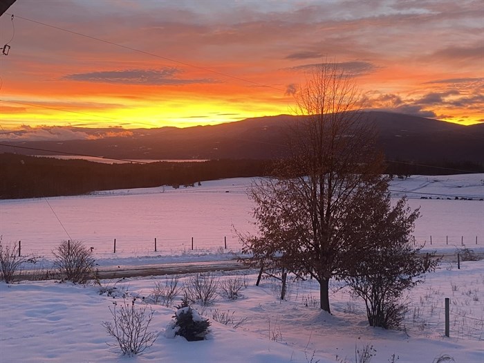 A stunning sunset viewed from a snow covered farm in Kamloops. 