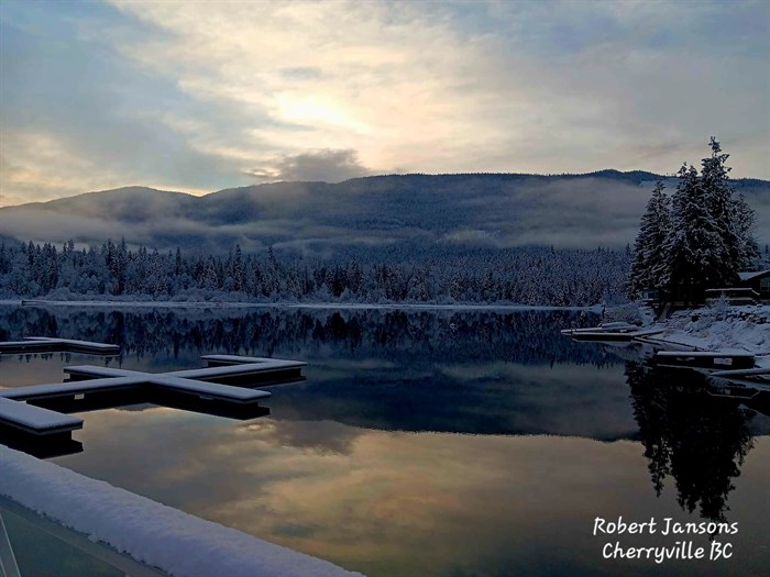This photo shows a chilly looking Sugar Lake in Cherryville taken from the Sugar Lake Cherryville Bistro & Lodge. 
