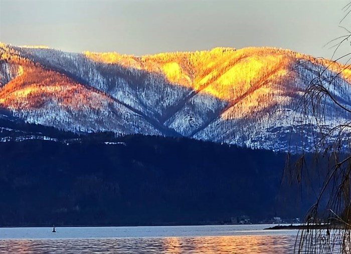 Snow on the mountain tops are lit up by the setting sun in the Shuswap. 