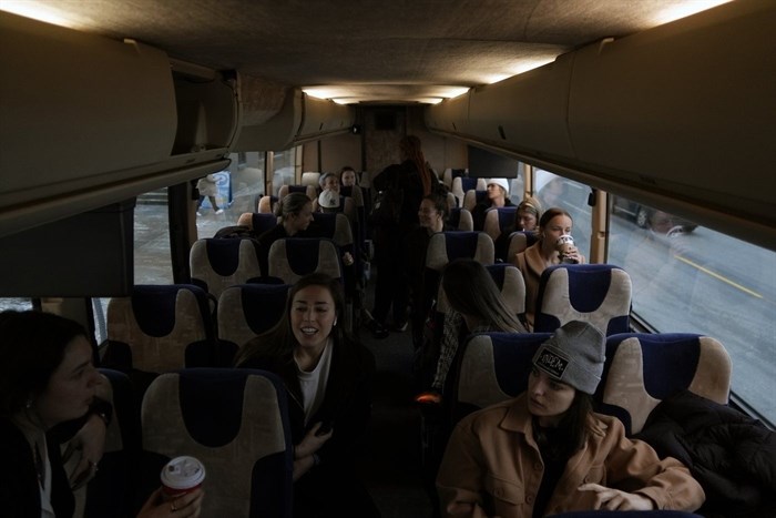 The Professional Women's Hockey League New York team rides a bus from their hotel to the rink for the inaugural PWHL game in Toronto, Monday, Jan. 1, 2024.