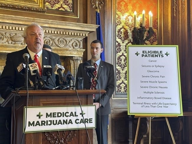 FILE - Republican Rep. Jon Plumer unveils a GOP proposal to legalize medical marijuana in Wisconsin at a Capitol news conference on Monday, Jan. 8, 2024, in Madison, Wis.
