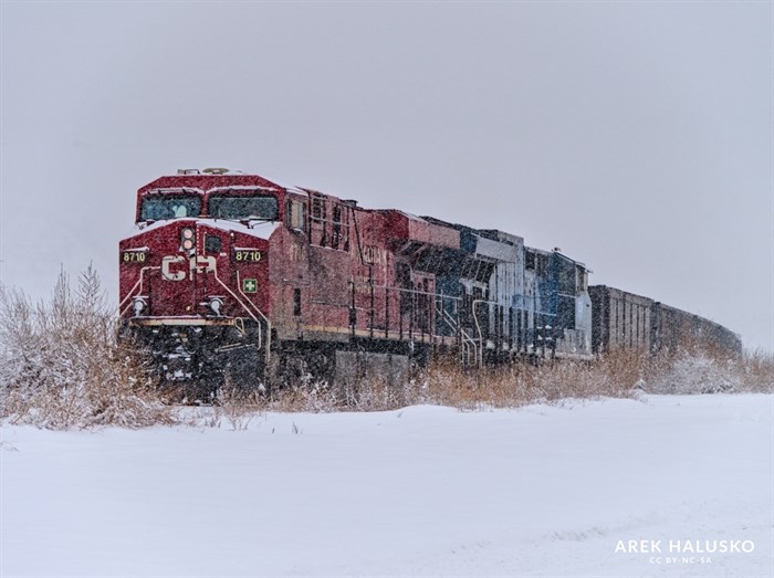 A train chugs along on a blustery winter day in Kamloops. 