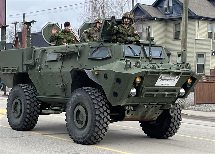 Members of the Canadian Armed Forces BC Dragoons drive an armoured personal carrier in the Vernon Winter Carnival parade, Saturday, Feb. 6, 2024.