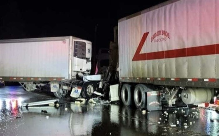 A crash between two semi trucks on Highway 97 near Monte Lake, Feb. 12, 2024.