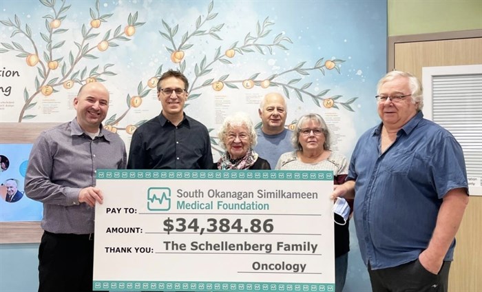 Photo (from left to right): Ian Lindsay, CEO of SOS Medical Foundation, Aaron McRann, CEO of CFSOS, Donna Schellenberg, Gordon Schellenberg and his wife Kerry, and Dean Schellenberg. The Schellenberg Family Fund was established in honour of the entire Schellenberg family, and missing from the photo is Glen Schellenberg, as well as the late Harold, Vance, and Debbie Schellenberg.