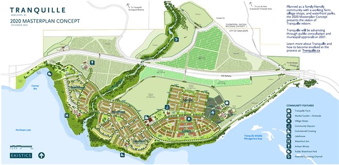 The 2020 concept plan for the Tranquille site touts a suburban neighbourhood entwined with agriculture. 