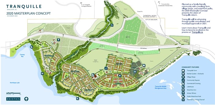 The 2020 concept plan for the Tranquille site touts a suburban neighbourhood entwined with agriculture. 