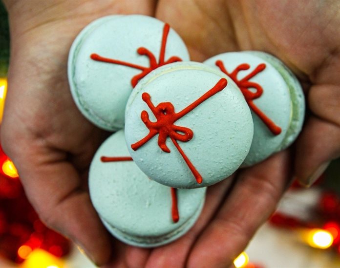 These festive Christmas macarons were baked and designed by Ashley Funk at Mary Ann