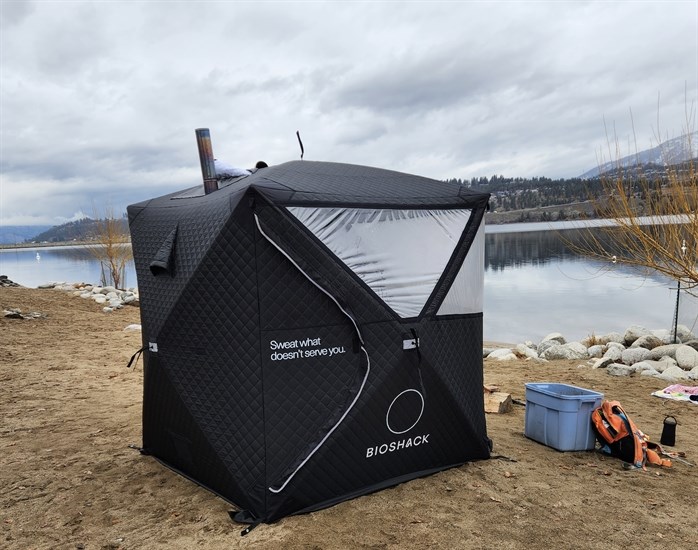 Local Kelowna company Bioshack supplies portable wood-burning saunas for the cold plunge participants.