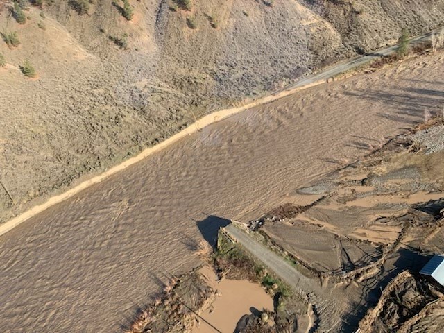 This aerial photo shows a section of Highway 8 washed out in the floods of November, 2021. 