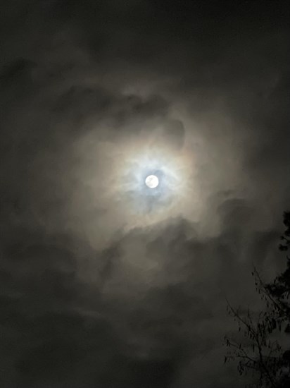 The full Snow moon shines bright through clouds in Summerland. 