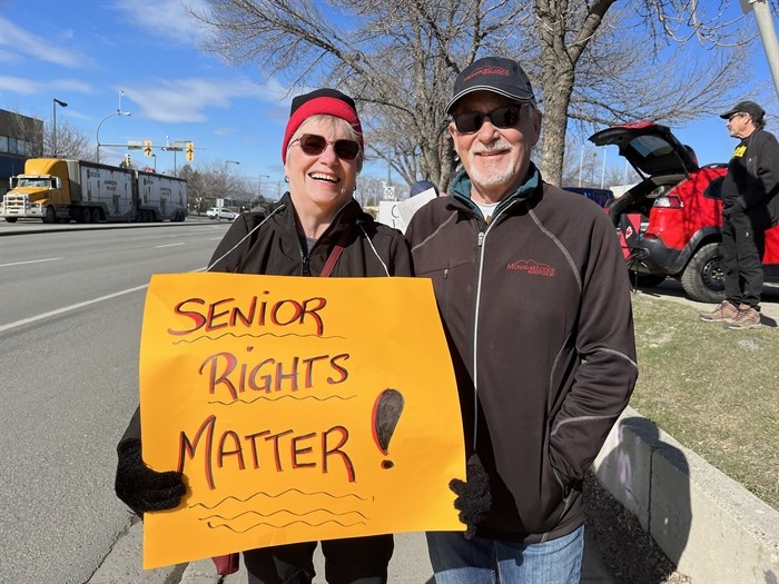 Kamloops senior residents Susan Shaw and Jeff Arnold showed up the Senior Tin Cup rally for pension reform. 