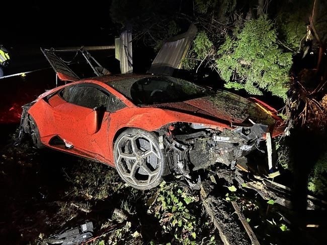 A crashed Lamborghini is shown in a West Vancouver Police handout photo. Police in West Vancouver say a “joyride” by a 13-year-old in their parent’s Lamborghini set off a single-vehicle crash that resulted in a total write-off by the insurance company.