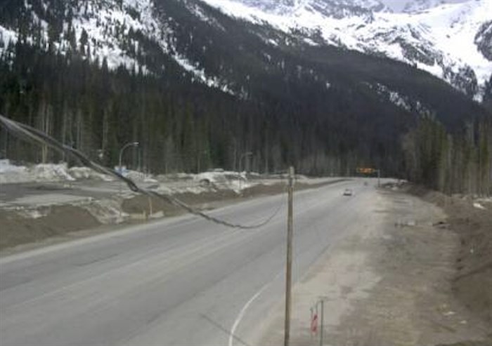 It's looking bare and dry on the Trans-Canada Highway through Rogers Pass in Glacier National Park east of Revelstoke today, April 15, 2024, but Environment Canada is warning heavy snow is on the way tonight.
