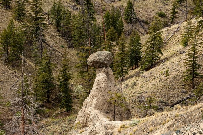 This balancing rock is found 1.5 kilometres west of the Six Mile Viewpoint on Highway 1 between Kamloops and Savona. 