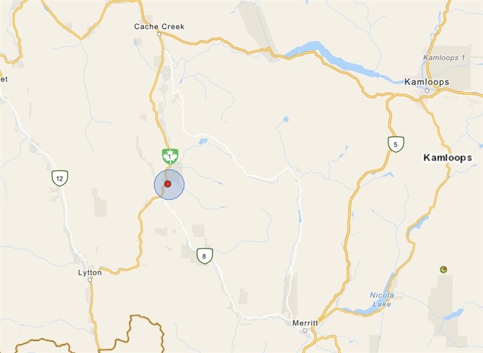 A screenshot of the BC Wildfire Service map showing the fire location.
