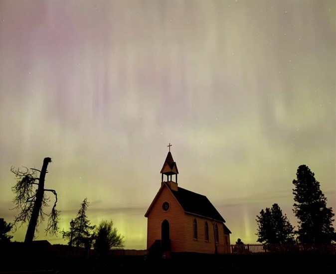 The church at O'Keefe Ranch outside of Vernon during the recent aurora borealis. 