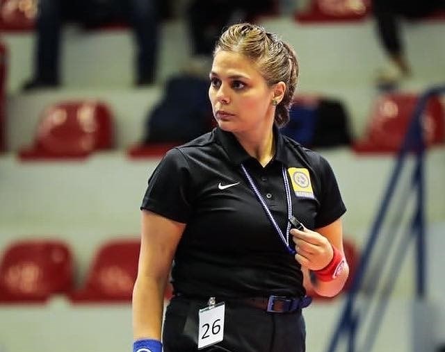 Kamloops referee Demetra Koutsopodiotis is seen at the Albania U23 world championship in 2023.