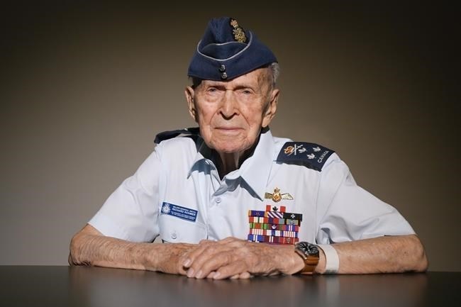 Richard Rohmer, Honorary Lt.-Gen. of the Canadian Armed Forces, is photographed at Sunnybrook Hospital, in Toronto, Thursday, May 30, 2024. The centenarian, a former reconnaissance pilot with the Royal Canadian Air Force during World War Two, was involved in on D-Day and the Battle of Normandy.