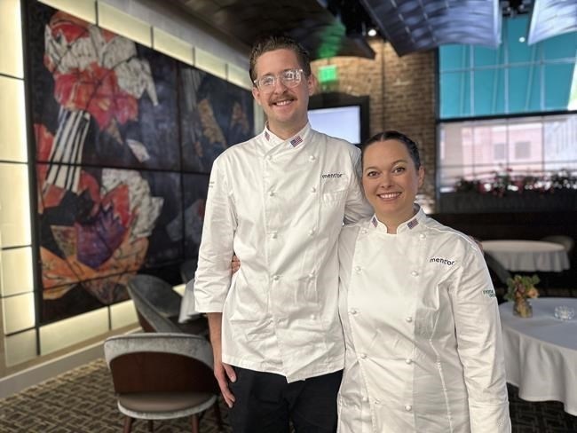 Bradley Waddle, left, stands with Stefani De Palma at Emeril’s restaurant in New Orleans, Thursday, June 13, 2024. De Palma is the head chef and Waddle is the commis chef for Team USA at the Bocuse d’Or Americas culinary competition in New Orleans this week. 