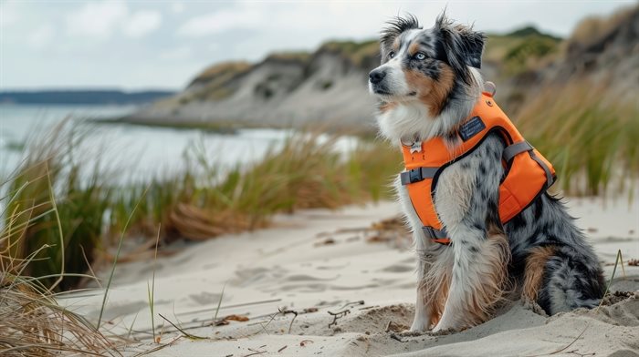 A dog in a life jacket sits by the water