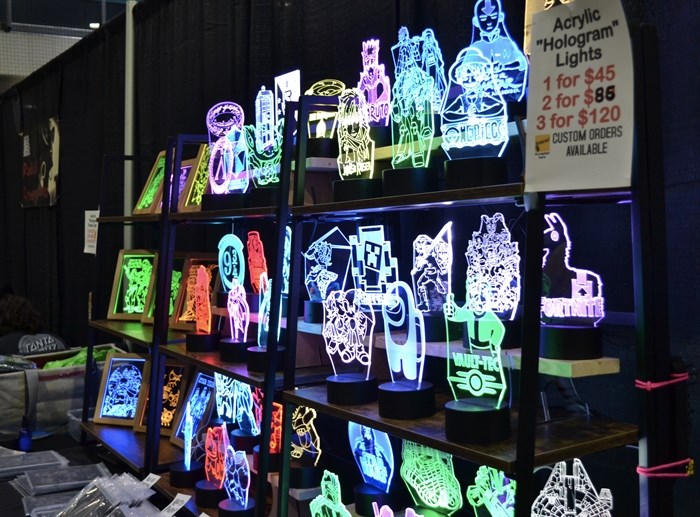 Hand designed, laser cut lights at the Fandom Fun Store booth. 