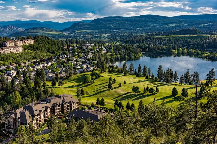 Elevated view of a golf course and residential subdivision in the Okanagan Valley