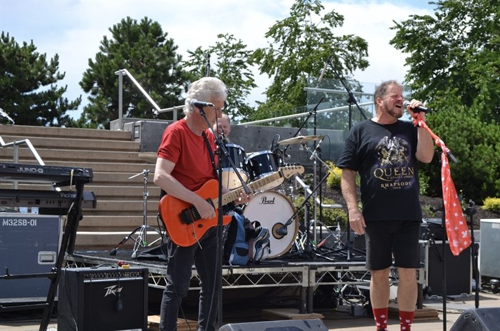 Rocket 88 warming up for their set in Stuart Park on Canada Day 2024. 