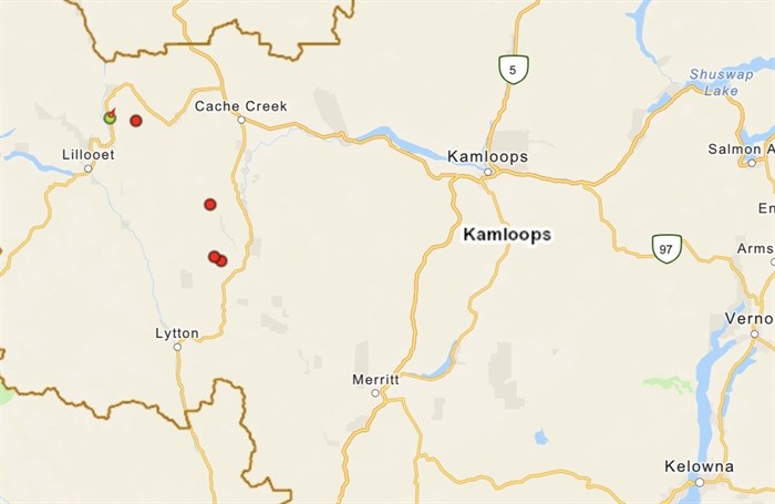 A map with red dots indicating where the fires are at 9 a.m. on July 13, 2024. 