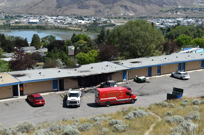 An aerial view of the scene of the fire at the Hospitality Inn on July 13, 2024.