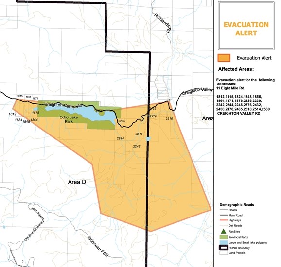 A map of the area on evacuation alert because of the Bonneau Creek wildfire the morning of July 20, 2024.