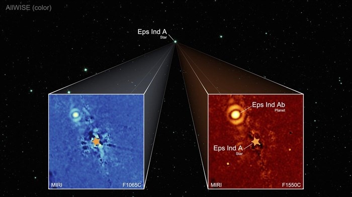 This image provided by the Max Planck Institute for Astronomy in July 2024 shows the exoplanet Epsilon Indi A b captured in different infrared wavelengths by the James Webb Space Telescope. Light from the star Epsilon Indi A, whose position is indicated by star symbols, is blocked by a coronagraph allowing the orbiting planet to be visible. An international team led by Max Planck Institute for Astronomy’s Elisabeth Matthews in Germany collected the images in 2023 and published their findings Wednesday, July 24, 2024, in the journal Nature. 